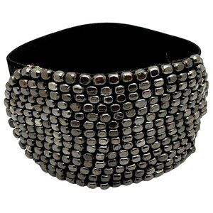 Gunmetal Cube Beaded Stretch Bracelet Wide Band Stretch Black Elastic Slide on